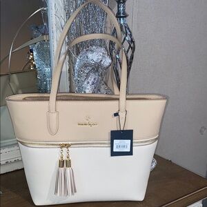 Nanette Lepore Leather Beige and Cream Tote Bag NWT